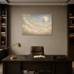 Pale Blue & Gold Star Cloud Celestial Nursery Wall Art Canvas Print displayed in a contemporary gallery-inspired room