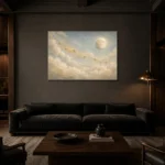 Pale Blue & Gold Star Cloud Celestial Nursery Wall Art Canvas Print shown in a warm modern interior