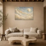Pale Blue & Gold Star Cloud Celestial Nursery Wall Art Canvas Print presented in a sophisticated home setting