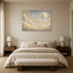 Pale Blue & Gold Star Cloud Celestial Nursery Wall Art Canvas Print showcased in an elegant minimalist interior
