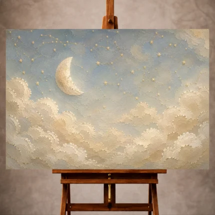 Cream and soft gold Celestial Nursery Wall Art print for elegant interiors. No text or watermarks in design.