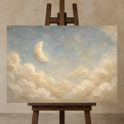 Cream & Soft Gold Half Moon Celestial Nursery Wall Art Canvas Print shown in Studio Easel