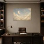 Cream & Soft Gold Half Moon Celestial Nursery Wall Art Canvas Print displayed in a contemporary gallery-inspired room