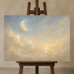 Cream & Champagne Morning Moon Celestial Nursery Wall Art Canvas Print displayed on a studio easel