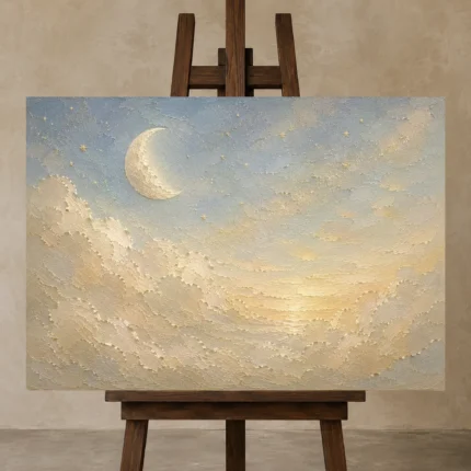 Cream & Champagne Morning Moon Celestial Nursery Wall Art Canvas Print shown in Studio Easel