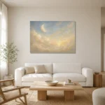 Cream & Champagne Morning Moon Celestial Nursery Wall Art Canvas Print styled in a refined neutral interior