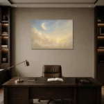Cream & Champagne Morning Moon Celestial Nursery Wall Art Canvas Print displayed in a contemporary gallery-inspired room