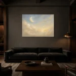 Cream & Champagne Morning Moon Celestial Nursery Wall Art Canvas Print shown in a warm modern interior