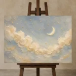 Cream & Brushed Gold Cloud Garland Celestial Nursery Wall Art Canvas Print displayed on a studio easel