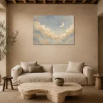 Cream & Brushed Gold Cloud Garland Celestial Nursery Wall Art Canvas Print presented in a sophisticated home setting