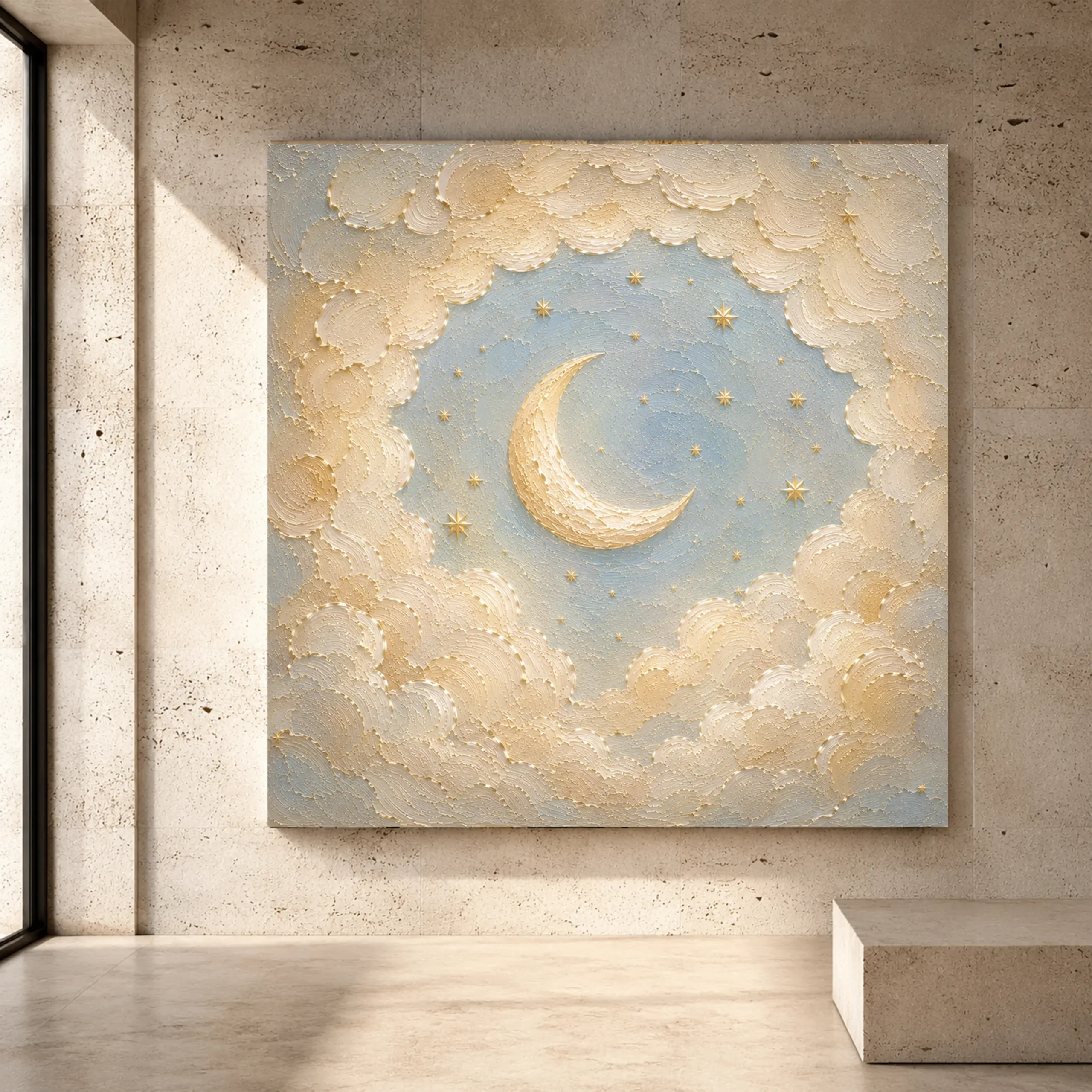 Premium Wall Art Kare Html Edition – KIDSROOM046 Image 1 Cream and champagne gold Celestial Nursery Wall Art print for elegant interiors. No text or watermarks in design.