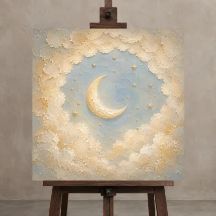 Cream & Champagne Crescent Moon Celestial Nursery Wall Art Canvas Print shown in Studio Easel