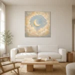 Cream & Champagne Crescent Moon Celestial Nursery Wall Art Canvas Print styled in a refined neutral interior