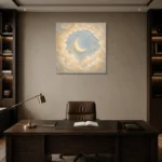 Cream & Champagne Crescent Moon Celestial Nursery Wall Art Canvas Print displayed in a contemporary gallery-inspired room