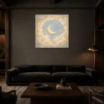 Cream & Champagne Crescent Moon Celestial Nursery Wall Art Canvas Print shown in a warm modern interior