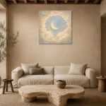 Cream & Champagne Crescent Moon Celestial Nursery Wall Art Canvas Print presented in a sophisticated home setting