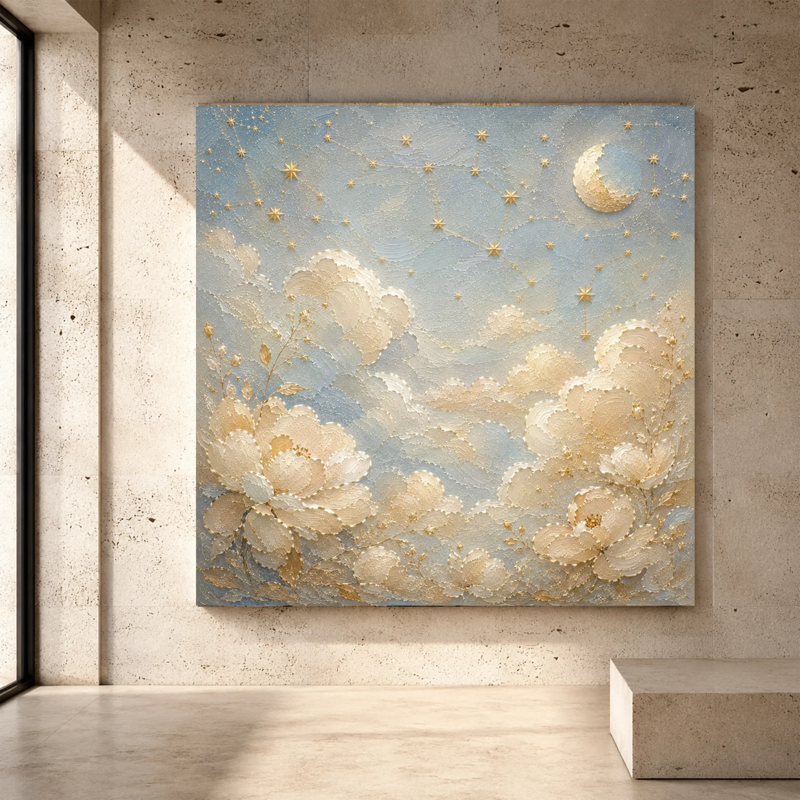 Premium Wall Art Kare Html Edition – KIDSROOM047 Image 1 Pale blue and muted gold Celestial Nursery Wall Art print for elegant interiors. No text or watermarks in design.