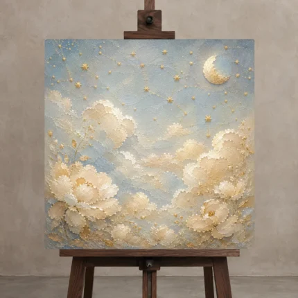 Pale Blue & Gold Cloud Garden Celestial Nursery Wall Art Canvas Print displayed on a studio easel