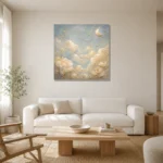 Pale Blue & Gold Cloud Garden Celestial Nursery Wall Art Canvas Print styled in a refined neutral interior