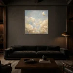 Pale Blue & Gold Cloud Garden Celestial Nursery Wall Art Canvas Print shown in a warm modern interior