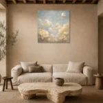 Pale Blue & Gold Cloud Garden Celestial Nursery Wall Art Canvas Print presented in a sophisticated home setting