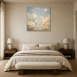 Pale Blue & Gold Cloud Garden Celestial Nursery Wall Art Canvas Print showcased in an elegant minimalist interior