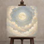 Cream & Brushed Gold Full Moon Celestial Nursery Wall Art Canvas Print displayed on a studio easel