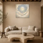 Cream & Brushed Gold Full Moon Celestial Nursery Wall Art Canvas Print presented in a sophisticated home setting