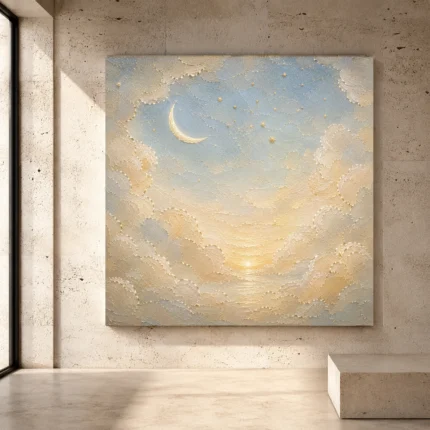 Cream and champagne gold Celestial Nursery Wall Art print for elegant interiors. No text or watermarks in design.