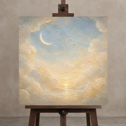 Cream & Champagne Dawn Crescent Celestial Nursery Wall Art Canvas Print shown in Studio Easel
