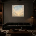 Cream & Champagne Dawn Crescent Celestial Nursery Wall Art Canvas Print shown in a warm modern interior