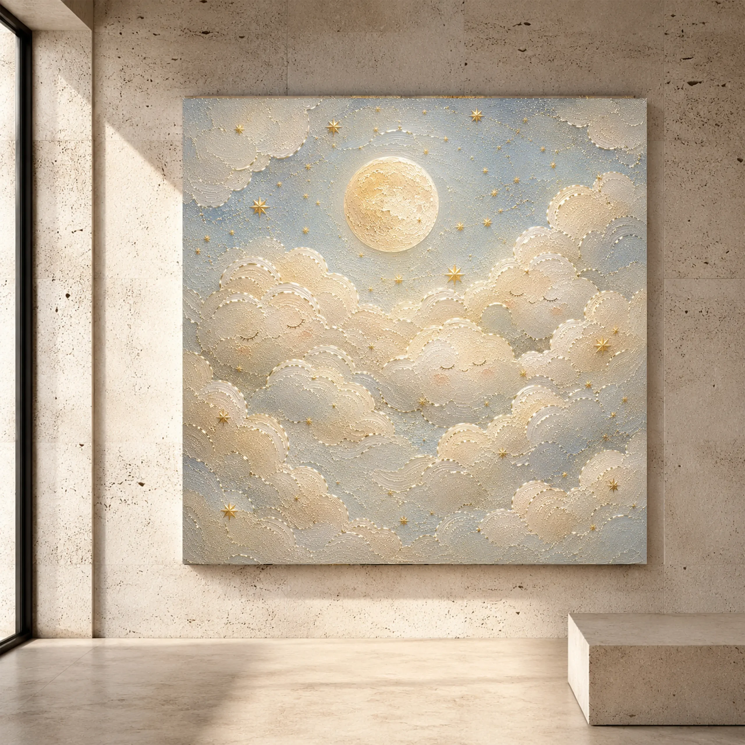 Premium Wall Art Kare Html Edition – KIDSROOM050 Image 1 Cream and muted gold Celestial Nursery Wall Art print for elegant interiors. No text or watermarks in design.