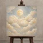 Cream & Muted Gold Sleeping Clouds Celestial Nursery Wall Art Canvas Print displayed on a studio easel