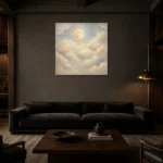 Cream & Muted Gold Sleeping Clouds Celestial Nursery Wall Art Canvas Print shown in a warm modern interior