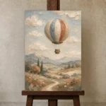 Dusty Blue Hot Air Balloon Adventure Kids Wall Art Canvas Print displayed on a studio easel
