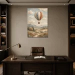 Dusty Blue Hot Air Balloon Adventure Kids Wall Art Canvas Print displayed in a contemporary gallery-inspired room