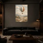 Dusty Blue Hot Air Balloon Adventure Kids Wall Art Canvas Print shown in a warm modern interior