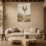 Dusty Blue Hot Air Balloon Adventure Kids Wall Art Canvas Print presented in a sophisticated home setting