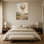 Dusty Blue Hot Air Balloon Adventure Kids Wall Art Canvas Print showcased in an elegant minimalist interior