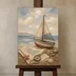 Dusty Blue Sailboat Adventure Kids Wall Art Canvas Print displayed on a studio easel