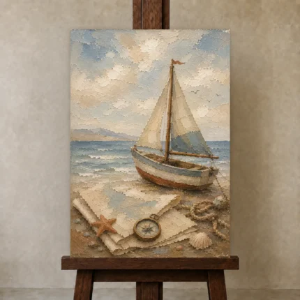 Dusty Blue Sailboat Adventure Kids Wall Art Canvas Print shown in Studio Easel