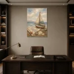 Dusty Blue Sailboat Adventure Kids Wall Art Canvas Print displayed in a contemporary gallery-inspired room