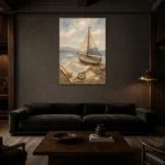 Dusty Blue Sailboat Adventure Kids Wall Art Canvas Print shown in a warm modern interior