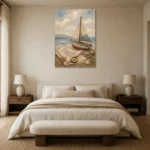 Dusty Blue Sailboat Adventure Kids Wall Art Canvas Print showcased in an elegant minimalist interior