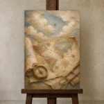 Beige & Dusty Blue Antique Map Adventure Kids Wall Art Canvas Print displayed on a studio easel