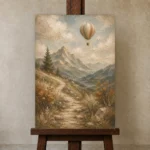 Dusty Blue Mountain Path Adventure Kids Wall Art Canvas Print displayed on a studio easel