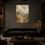 Dusty Blue Mountain Path Adventure Kids Wall Art Canvas Print shown in a warm modern interior