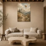 Dusty Blue Mountain Path Adventure Kids Wall Art Canvas Print presented in a sophisticated home setting