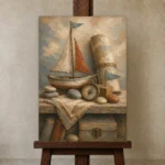 Dusty Blue Discovery Still Life Adventure Kids Wall Art Canvas Print displayed on a studio easel