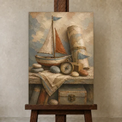 Dusty Blue Discovery Still Life Adventure Kids Wall Art Canvas Print shown in Studio Easel